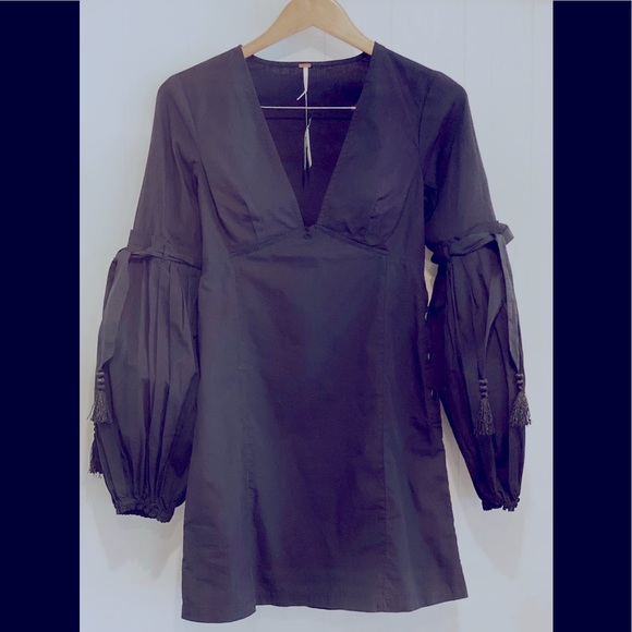 Free People Making A Statement Black Mini Cocktail Dress Pleated Puff Sleeve - Picture 2 of 7